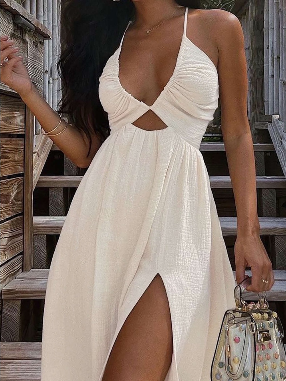 Micas Backless V-neck Slit Midi Dress L PG2-20